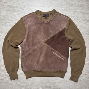 Vintage Suede Cowhide Knit Chocolate Brown Sweater Men's L Pocket 90s Gatehouse